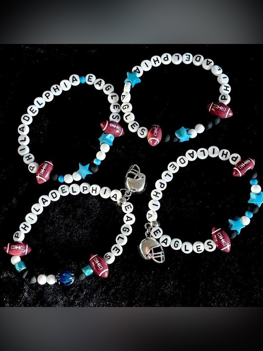 Philadelphia Eagles Beaded Bracelet with Helmet or football Charm White & Blue